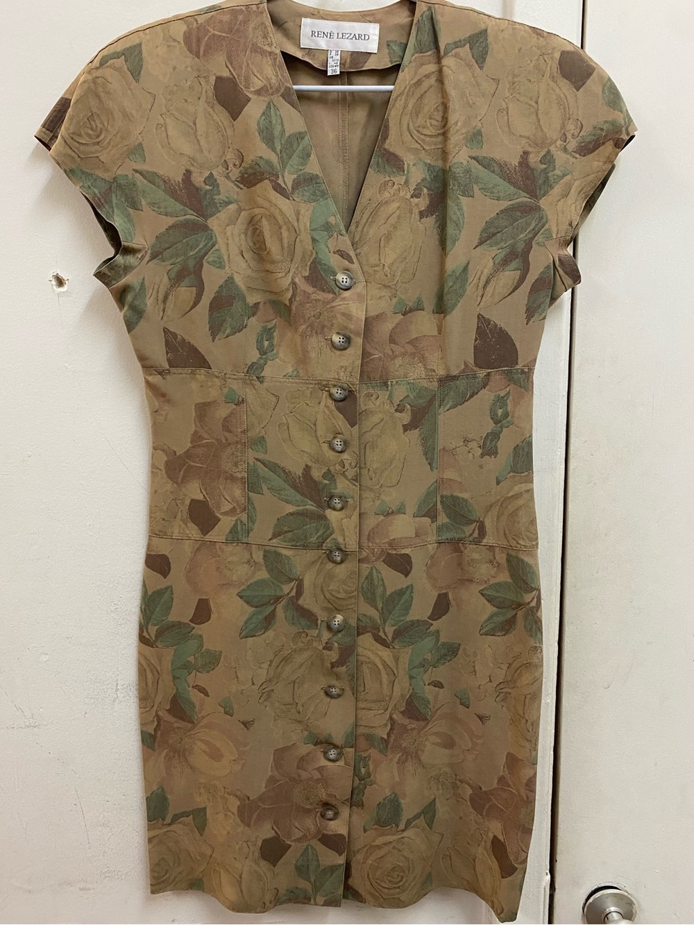 Rene Lezard Tan Olive Floral Button-Front Midi Dress